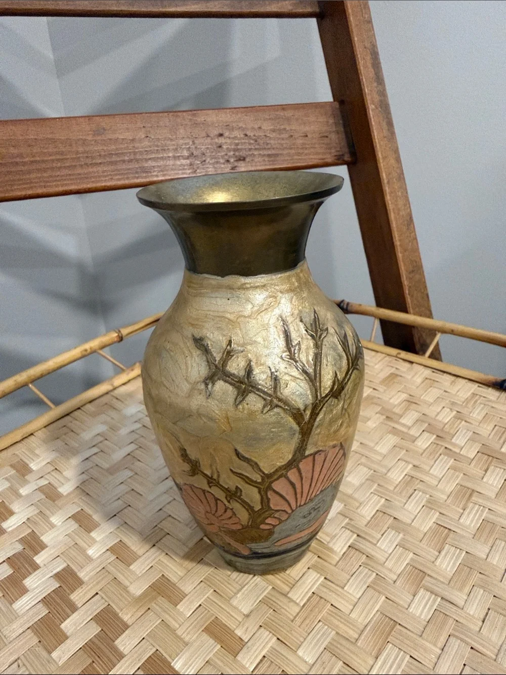 Decorative Gold Toned Floral Ceramic Vase with Coral Accents Brass  Boho
